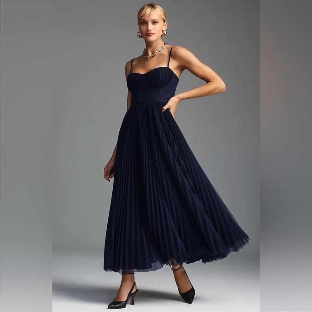 Hutch Navy Pleated Midi Dress with Spaghetti Straps